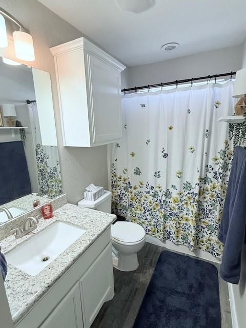 bathroom with vanity, hardwood / wood-style floors, and toilet