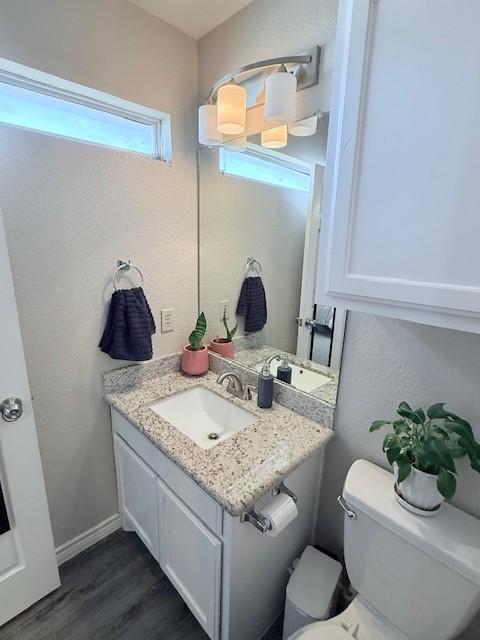 bathroom featuring vanity, hardwood / wood-style floors, and toilet