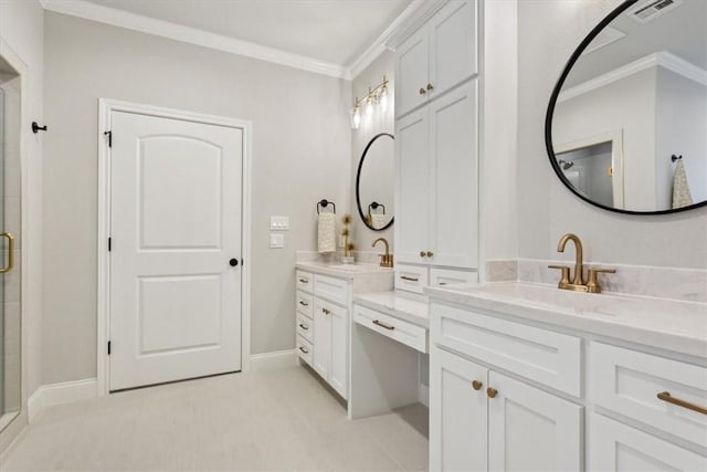 bathroom with a shower with door, vanity, and ornamental molding