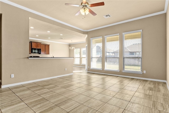 unfurnished living room featuring ornamental molding, ceiling fan with notable chandelier, and light tile patterned floors