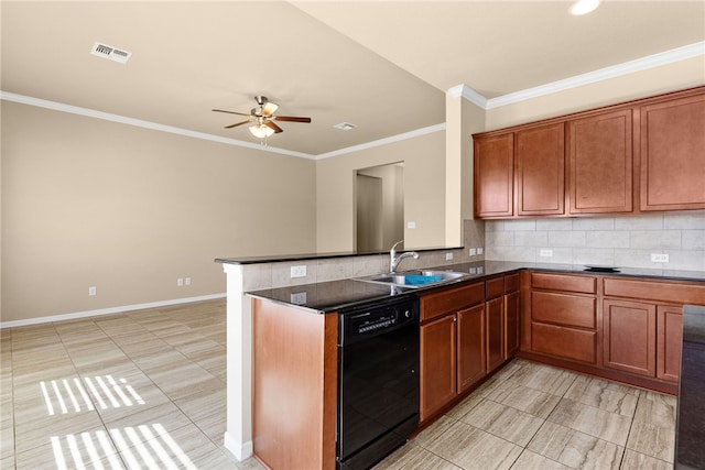 kitchen featuring sink, dishwasher, ceiling fan, tasteful backsplash, and kitchen peninsula