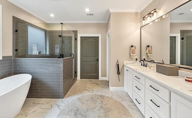 bathroom with vanity, separate shower and tub, and crown molding