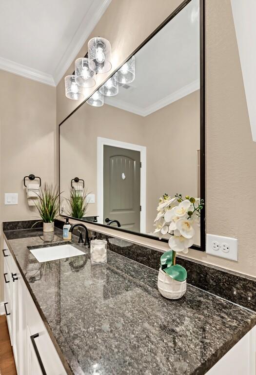 bathroom featuring vanity, hardwood / wood-style flooring, and ornamental molding