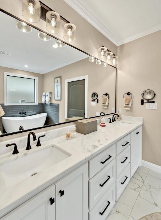 bathroom featuring ornamental molding and vanity