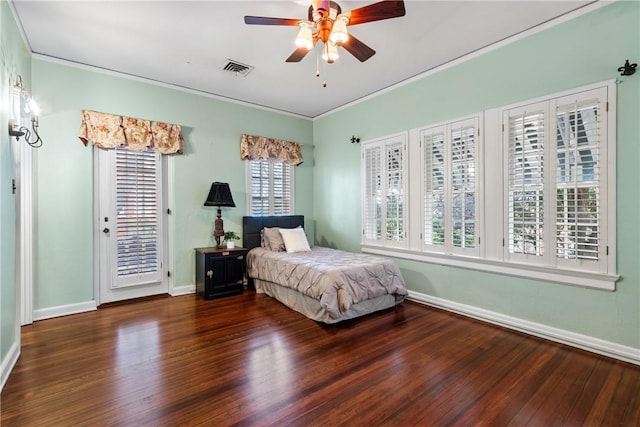 unfurnished bedroom featuring access to exterior, ceiling fan, crown molding, and dark wood-type flooring