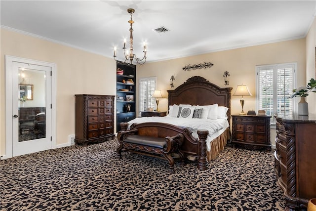 bedroom featuring carpet flooring, a notable chandelier, and ornamental molding