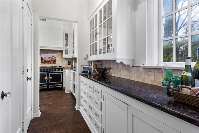 kitchen with white cabinets, tasteful backsplash, dark wood-type flooring, and a healthy amount of sunlight