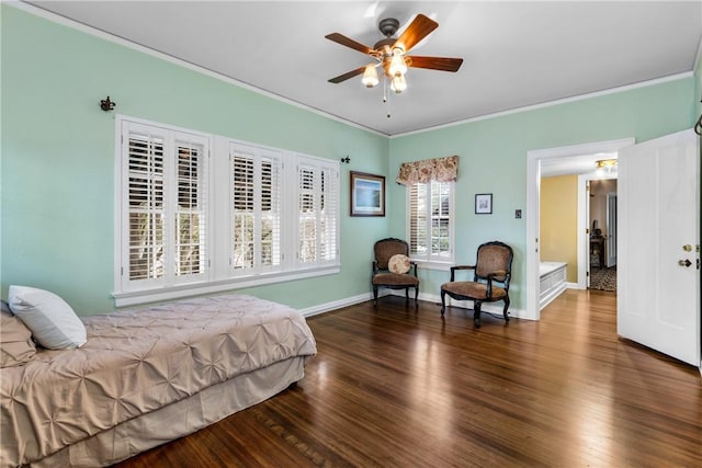 bedroom featuring ceiling fan, dark hardwood / wood-style flooring, and ornamental molding