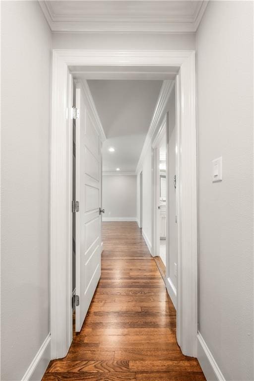 hall featuring dark hardwood / wood-style flooring and crown molding