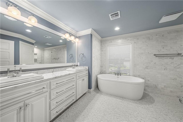 bathroom with tile patterned flooring, shower with separate bathtub, vanity, and ornamental molding