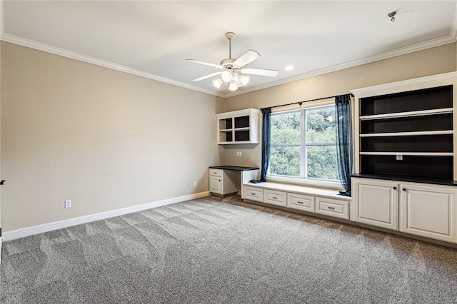 interior space featuring light carpet, ceiling fan, and crown molding