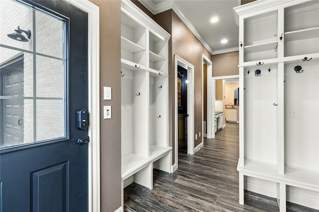 mudroom featuring dark hardwood / wood-style floors and ornamental molding