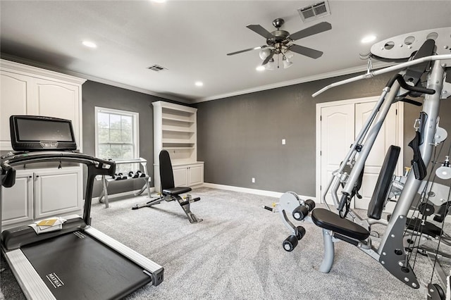 workout area with carpet flooring, ceiling fan, and crown molding