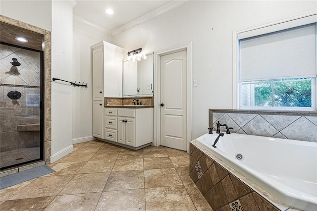 bathroom featuring crown molding, vanity, and plus walk in shower