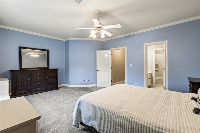 carpeted bedroom with ensuite bathroom, ceiling fan, and crown molding