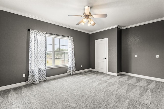 unfurnished bedroom with ceiling fan, ornamental molding, and light carpet