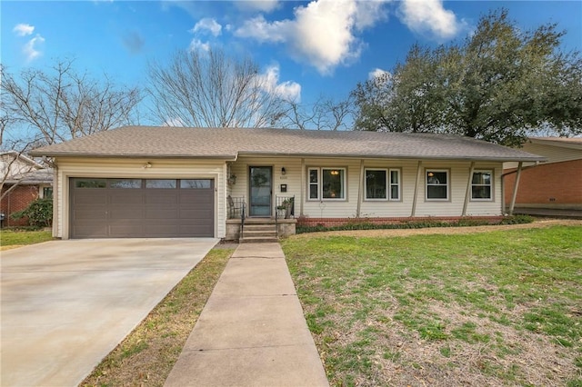 ranch-style home with a garage, covered porch, driveway, roof with shingles, and a front lawn