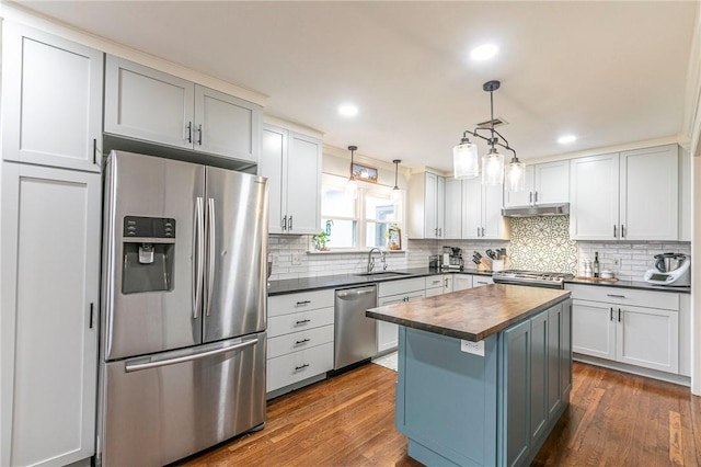 kitchen with tasteful backsplash, butcher block counters, appliances with stainless steel finishes, dark wood-style flooring, and a sink