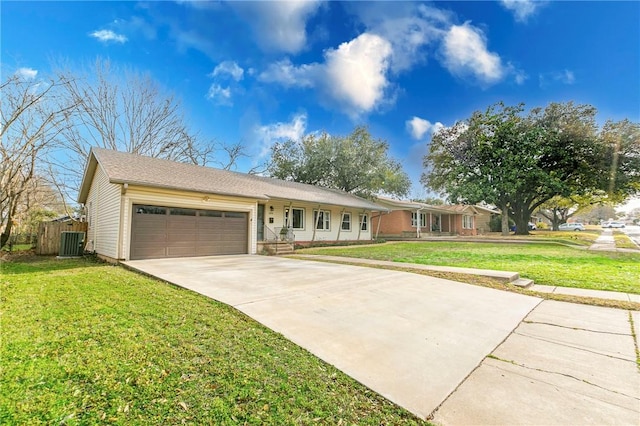 single story home featuring central AC, an attached garage, driveway, and a front yard