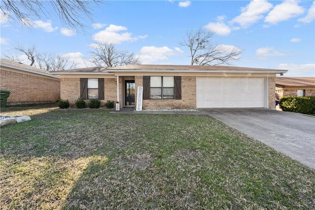 ranch-style house featuring a garage and a front lawn