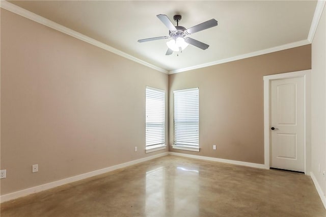 empty room with ceiling fan and ornamental molding