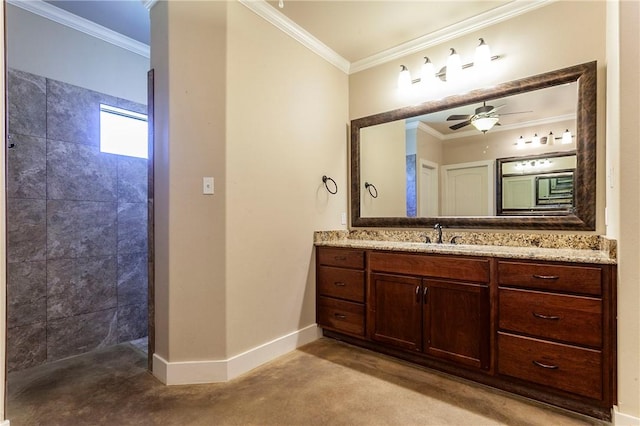 bathroom with vanity, ceiling fan, and crown molding