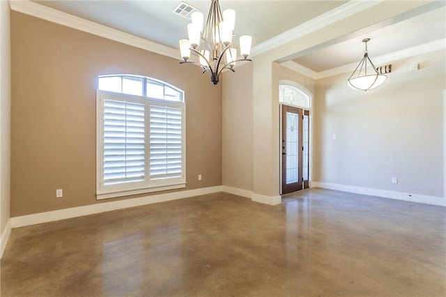 unfurnished room featuring a notable chandelier, french doors, crown molding, and concrete floors