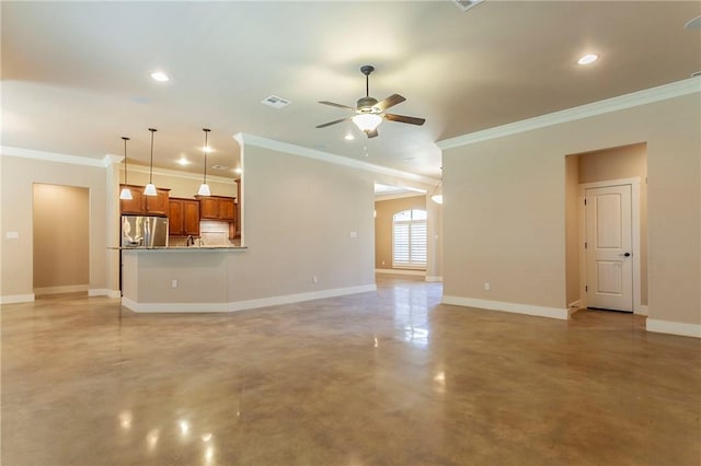 unfurnished living room with ceiling fan and crown molding