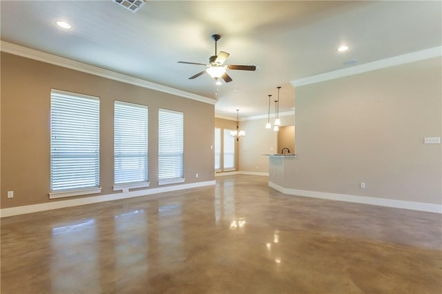 unfurnished living room with ceiling fan with notable chandelier and crown molding