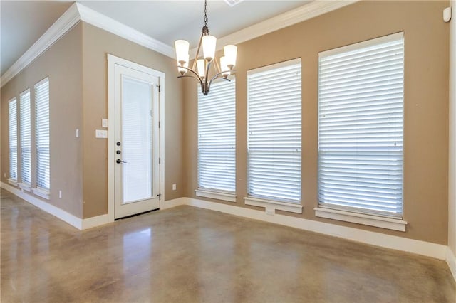 interior space featuring a healthy amount of sunlight, ornamental molding, concrete floors, and a chandelier