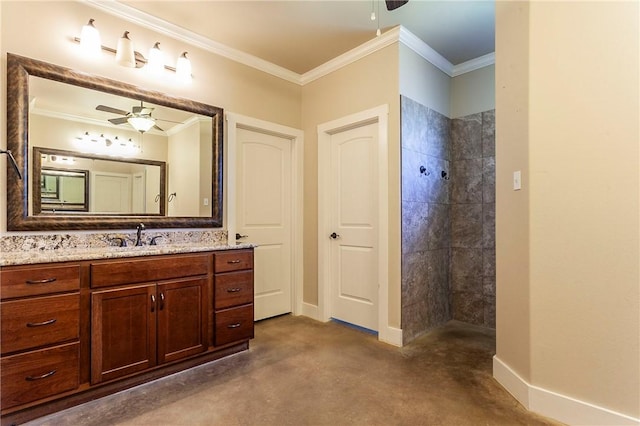 bathroom featuring crown molding, ceiling fan, concrete flooring, and tiled shower