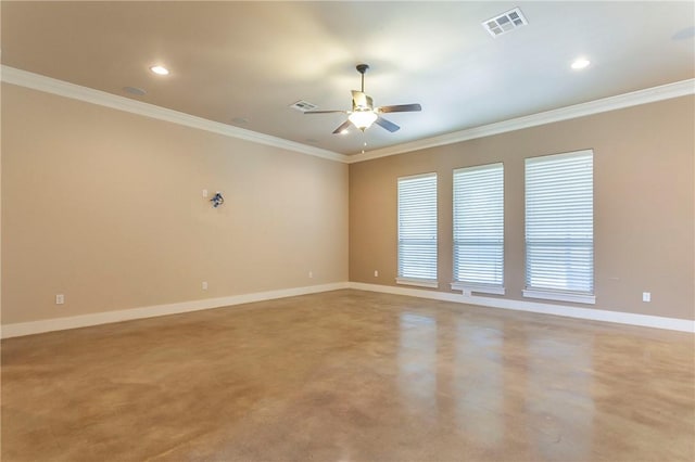 empty room with ceiling fan and crown molding