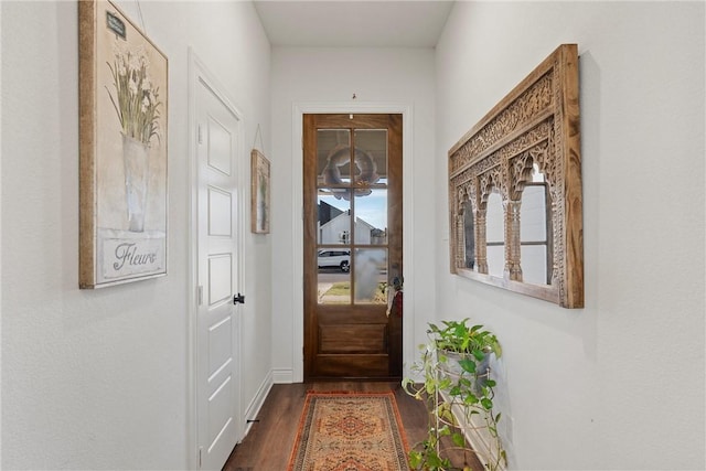 doorway to outside featuring dark wood-style flooring