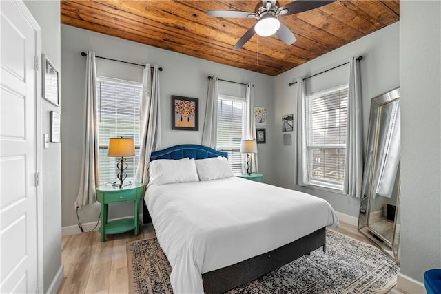 bedroom featuring ceiling fan, wooden ceiling, and light hardwood / wood-style floors