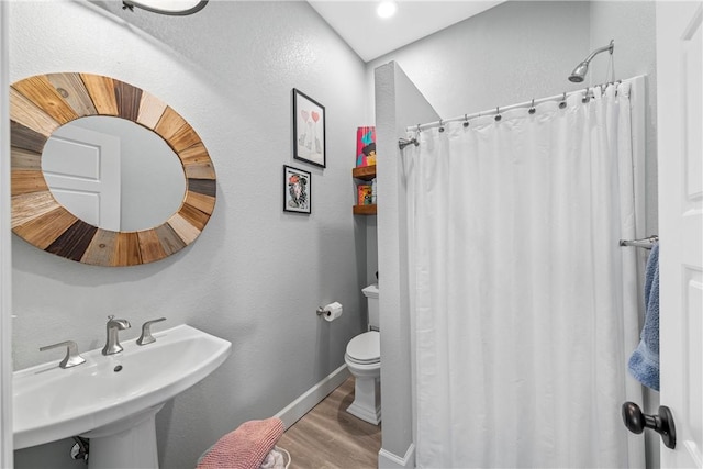 bathroom featuring wood-type flooring, toilet, curtained shower, and sink