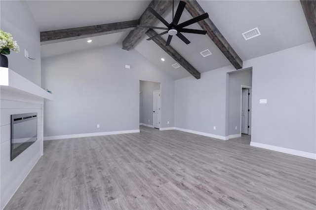 unfurnished living room featuring beam ceiling, light hardwood / wood-style floors, high vaulted ceiling, and ceiling fan