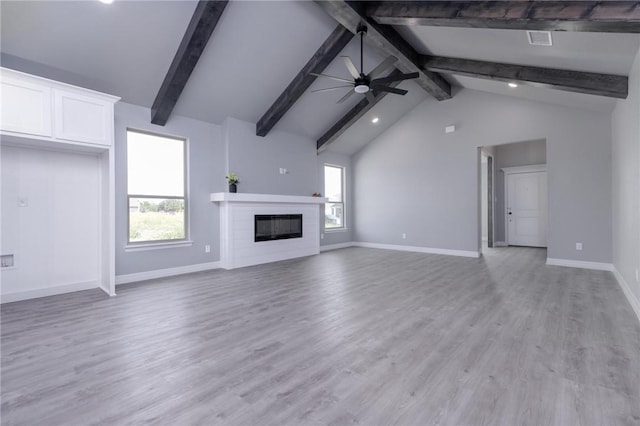 unfurnished living room with vaulted ceiling with beams, ceiling fan, and light hardwood / wood-style flooring