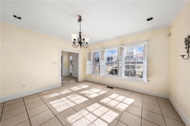 unfurnished dining area with crown molding, a chandelier, and light tile patterned flooring