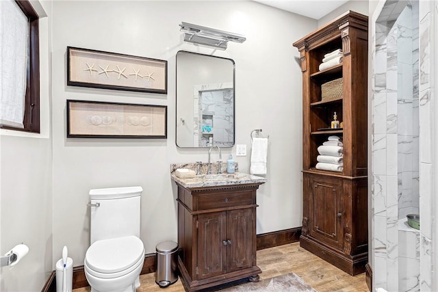 bathroom with hardwood / wood-style floors, vanity, toilet, and a shower with shower curtain