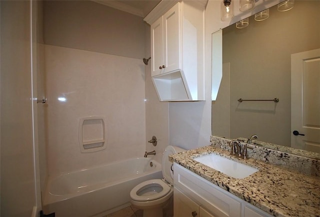 full bathroom featuring vanity,  shower combination, toilet, and ornamental molding