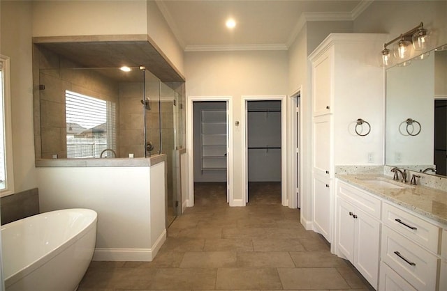 bathroom featuring vanity, crown molding, and independent shower and bath