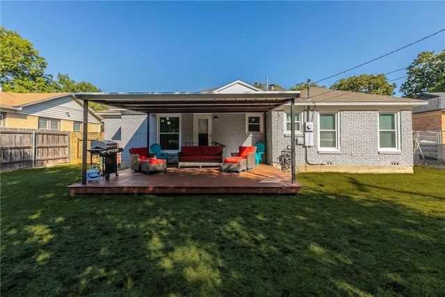 back of house with a wooden deck, an outdoor living space, and a yard