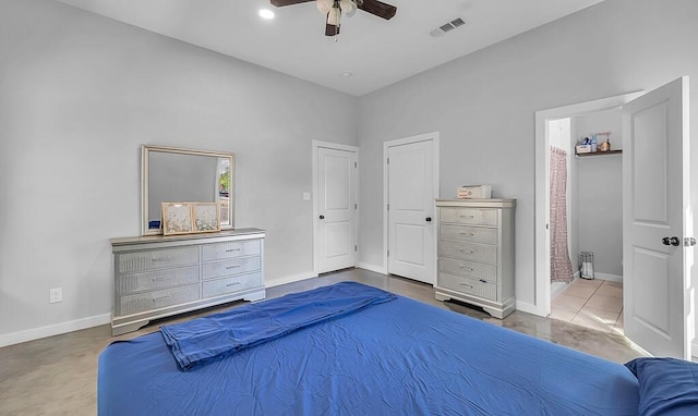 bedroom featuring concrete flooring and ceiling fan