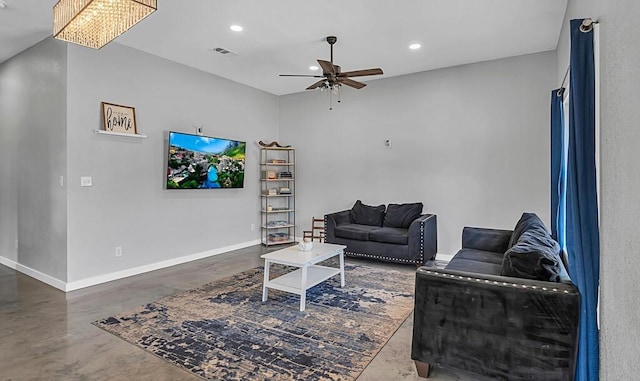 living room featuring ceiling fan