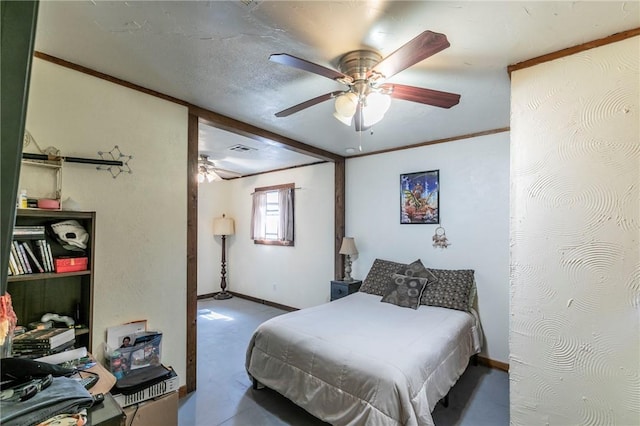 bedroom with crown molding, baseboards, visible vents, and ceiling fan