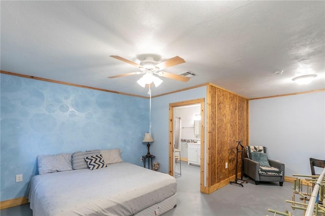 bedroom featuring baseboards, a ceiling fan, concrete floors, and crown molding