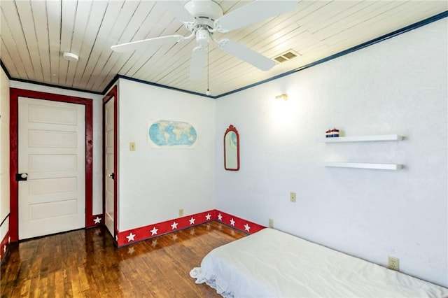 bedroom with wooden ceiling, wood finished floors, visible vents, and ceiling fan