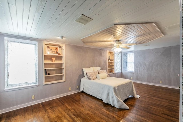 bedroom with wooden ceiling, wood finished floors, baseboards, and ceiling fan