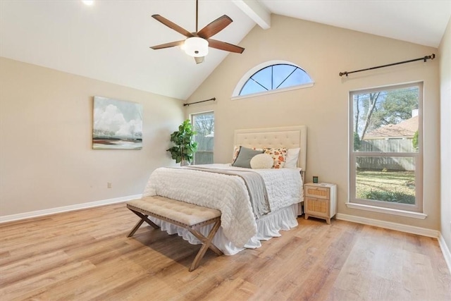 bedroom with ceiling fan, baseboards, beamed ceiling, wood finished floors, and high vaulted ceiling