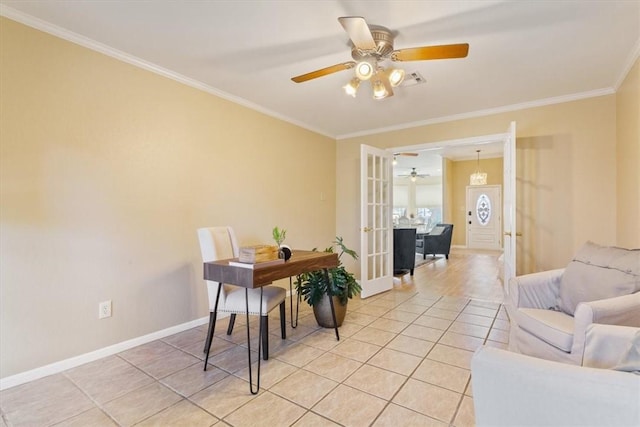 office area featuring baseboards, ornamental molding, light tile patterned floors, french doors, and a ceiling fan